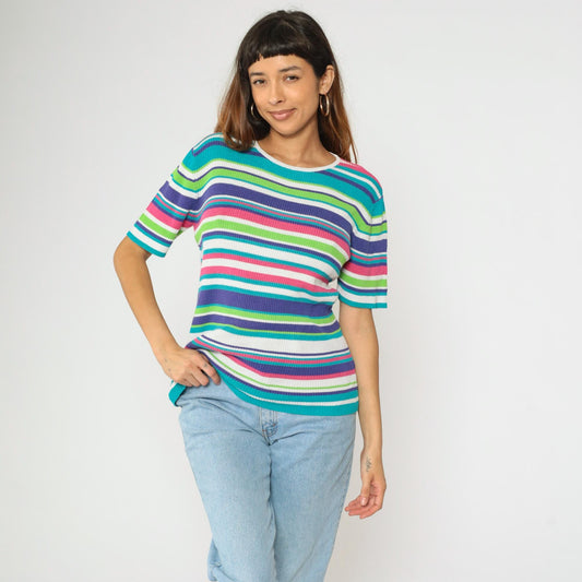 90s Worthington Striped Ribbed Knit Top Short Sleeve Pink Purple Blue Large L