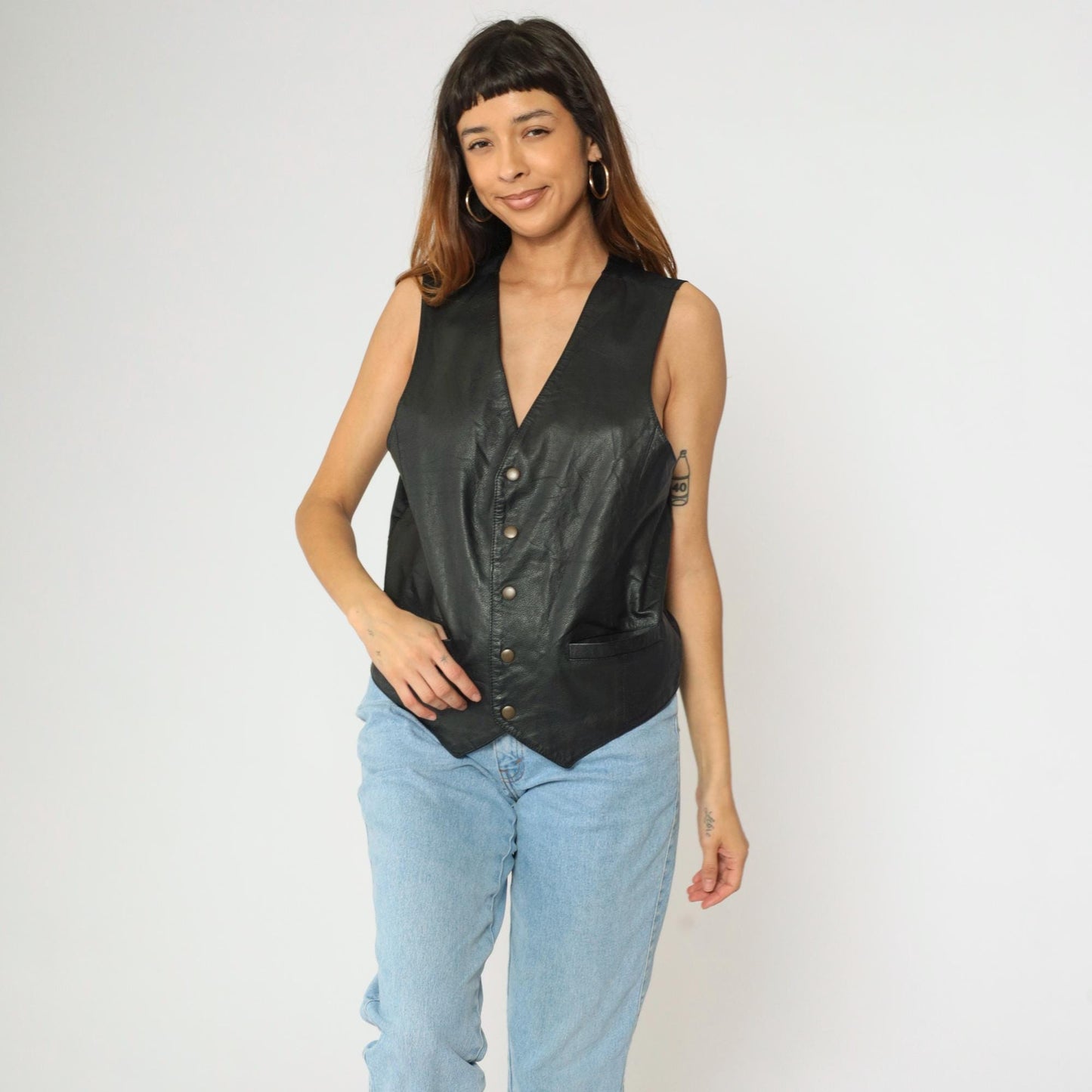 90s Wilsons Leather Black Biker Vest Snap Front Sleeveless Extra Small