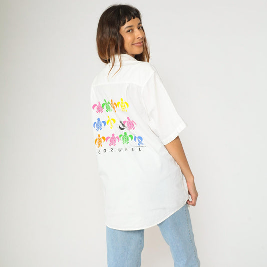 90s Bye Bye Cozumel Turtle Graphic Button-Up Shirt White Cotton Large