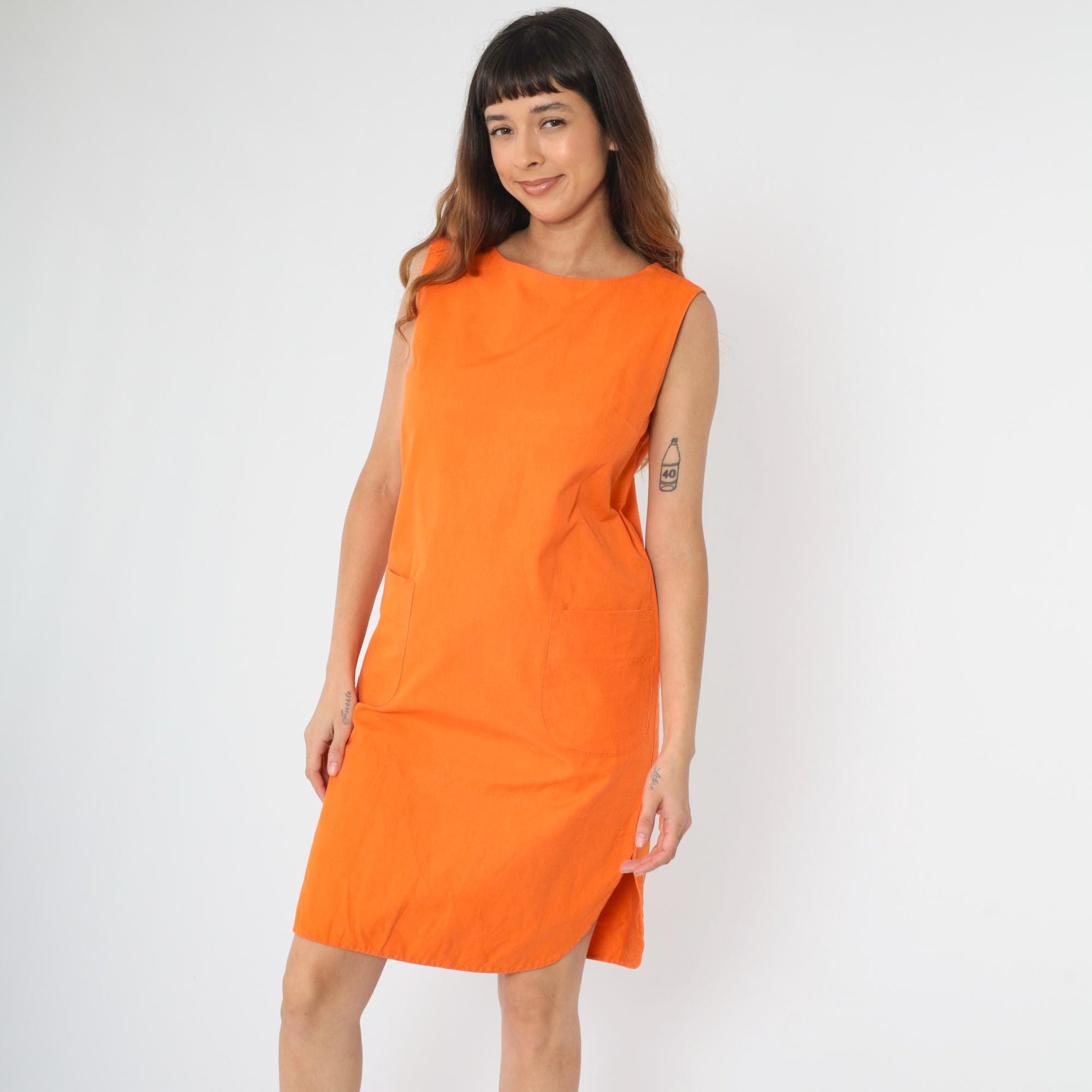60s Mod Orange Shift Dress Sleeveless Pockets Curved Hem Small Medium