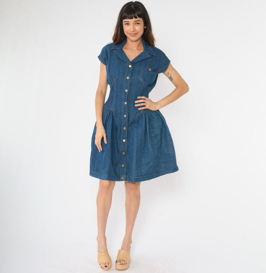 80s Denim Western Dress Snap Button Cap Sleeve Mini Blue Jean Small