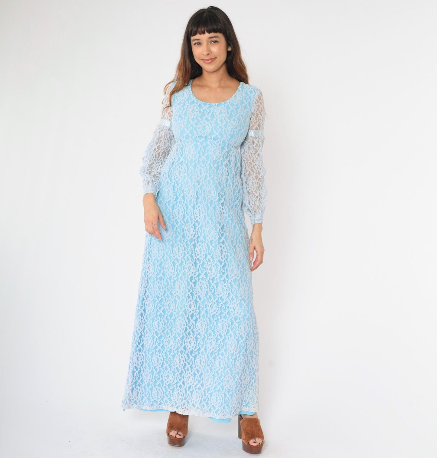 60s Light Blue Lace Maxi Dress Empire Waist Bishop Sleeve XS