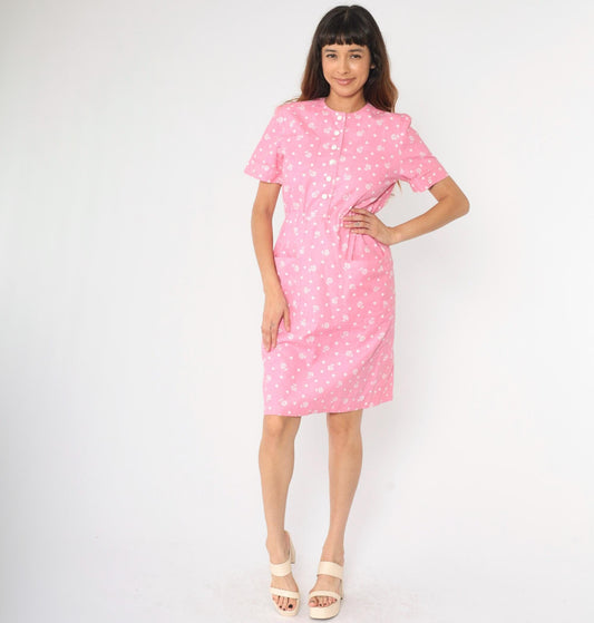 80s Pink Floral Heart Print Shirtdress Button-Up Knee-Length Small