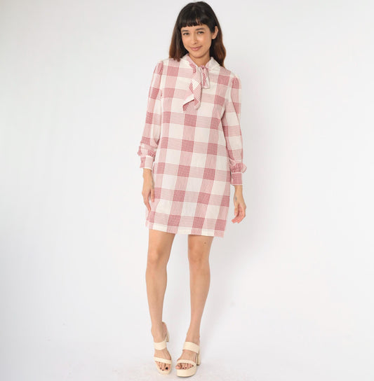 80s Red Houndstooth Mini Dress Tie-Neck Puff Sleeve Shift White Medium M