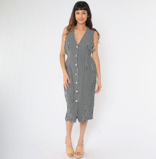 90s Striped Black Grey Sheath Midi Dress Sleeveless V-Neck Button-Up Medium 8
