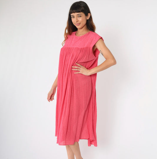 80s Pink Gauze Trapeze Dress Floral Embroidered Sleeveless Midi One Size