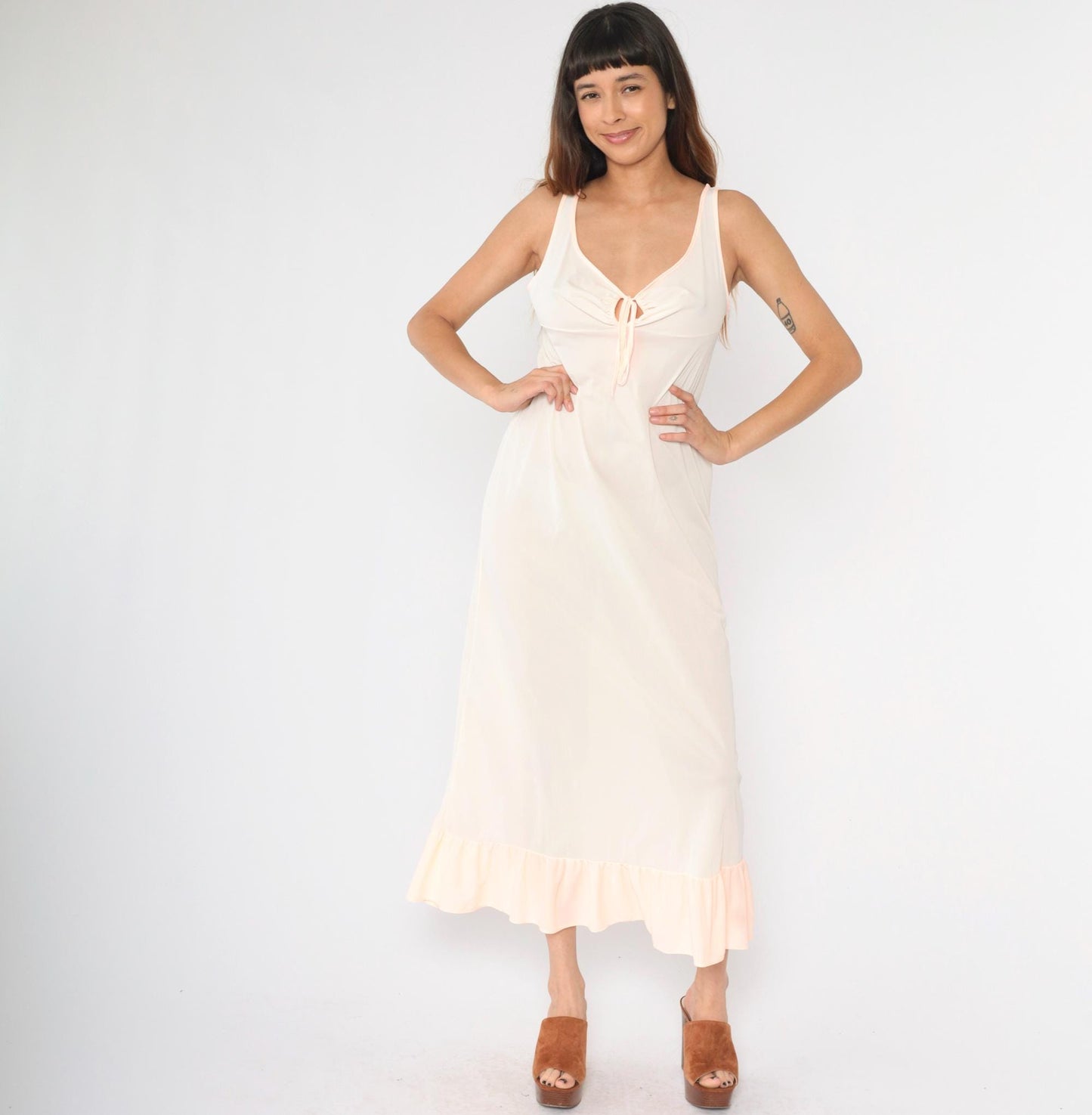 70s Peach Nylon Slip Dress Maxi Keyhole Empire Waist Small Medium