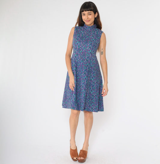 90s Purple Blue Green Abstract Geometric Mock Neck Midi Dress Small