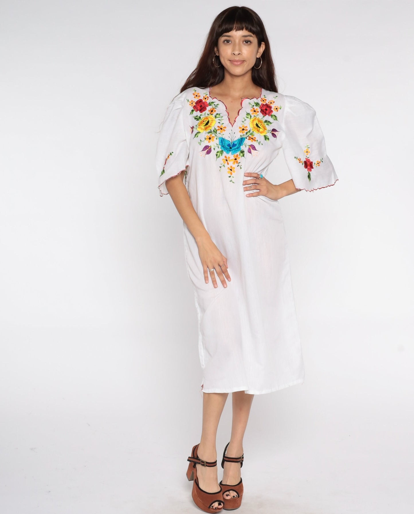 1980s Mexican Embroidered Floral Midi Dress White Cotton Puff Sleeve Medium