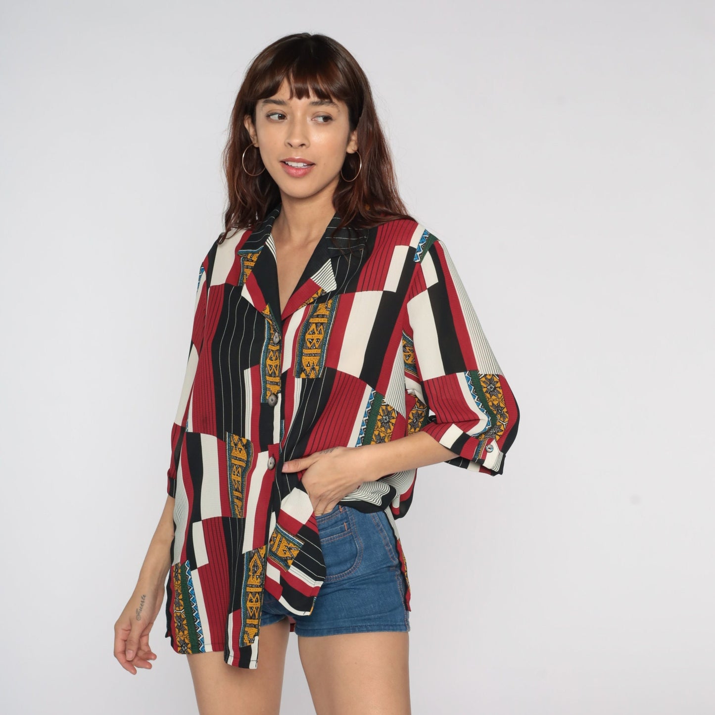 80s Geometric Striped Button Up Shirt Red Black White Yellow Large L
