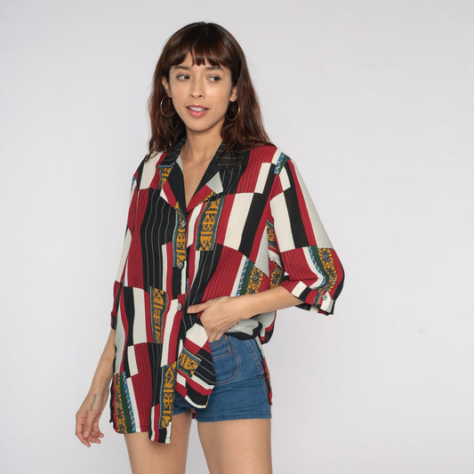 80s Geometric Striped Button Up Shirt Red Black White Yellow Large L
