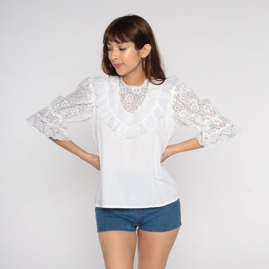 80s White Lace Bib Puff Sleeve Blouse Victorian Cottagecore Medium