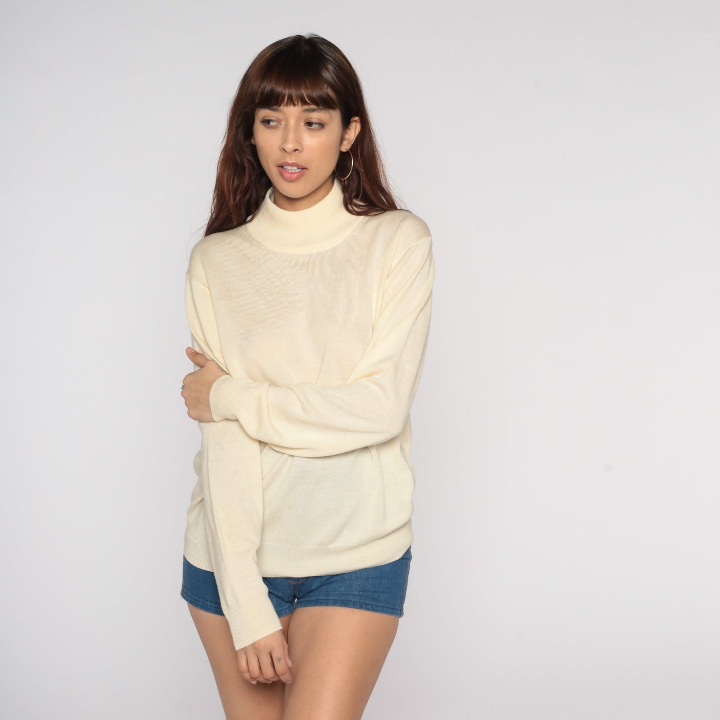 Y2K Merino Wool Mock Neck Sweater Cream Semi-Sheer Knit Small S