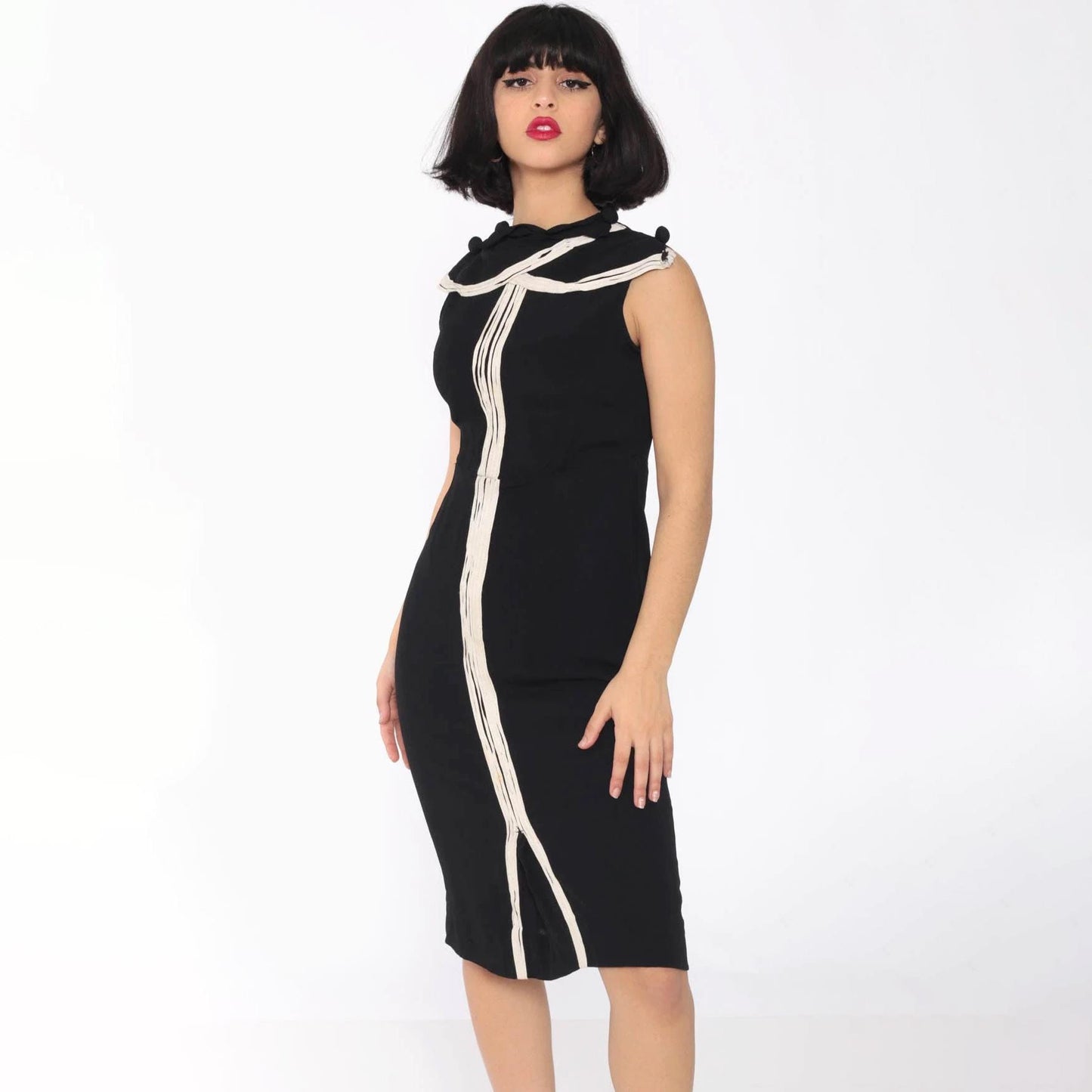 1960s Black Sheath Dress White Collar Sleeveless Midi Extra Small