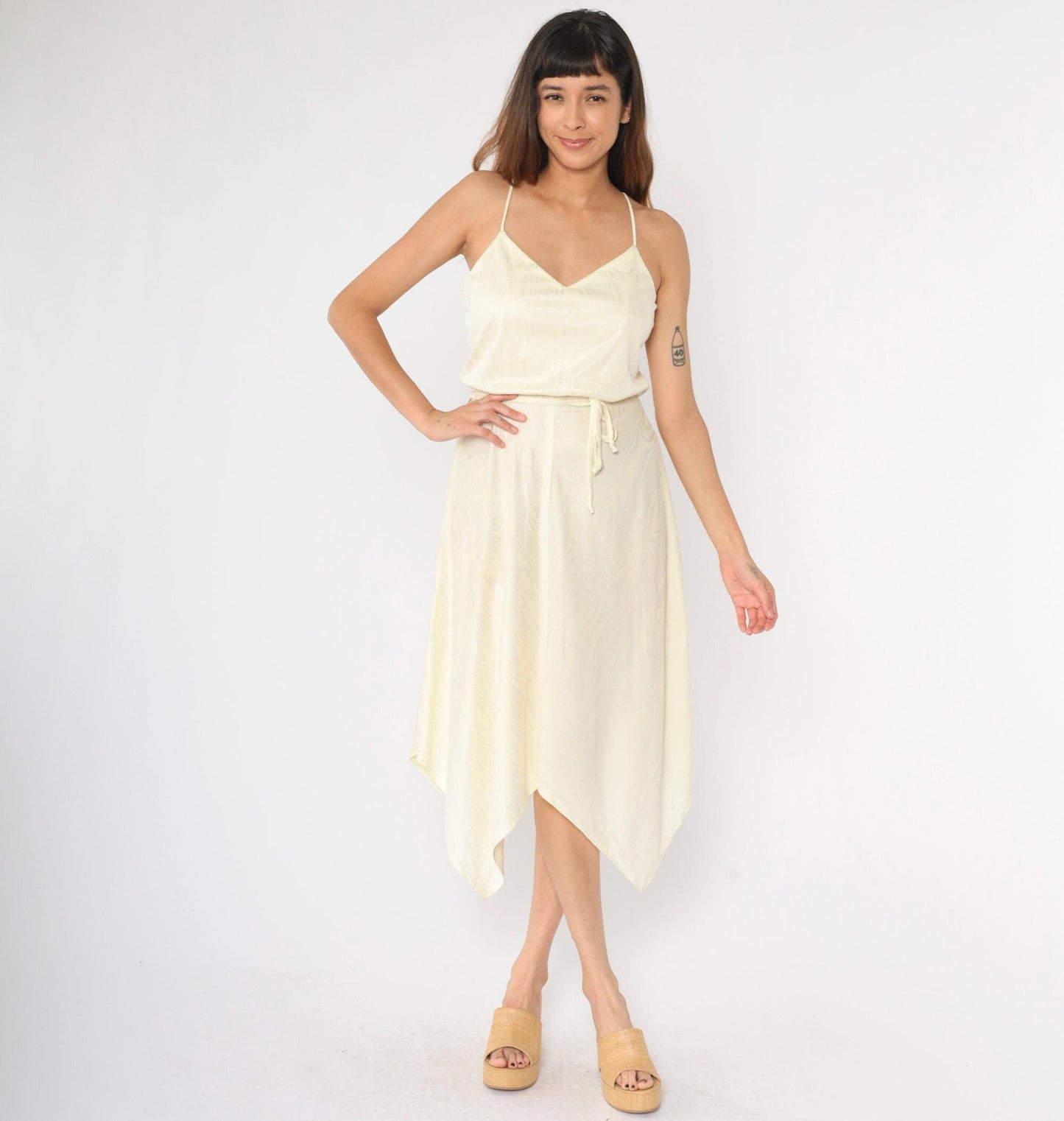 70s Cream Spaghetti Strap Midi Dress Hanky Hem High Waist Small