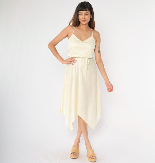 70s Cream Spaghetti Strap Midi Dress Hanky Hem High Waist Small