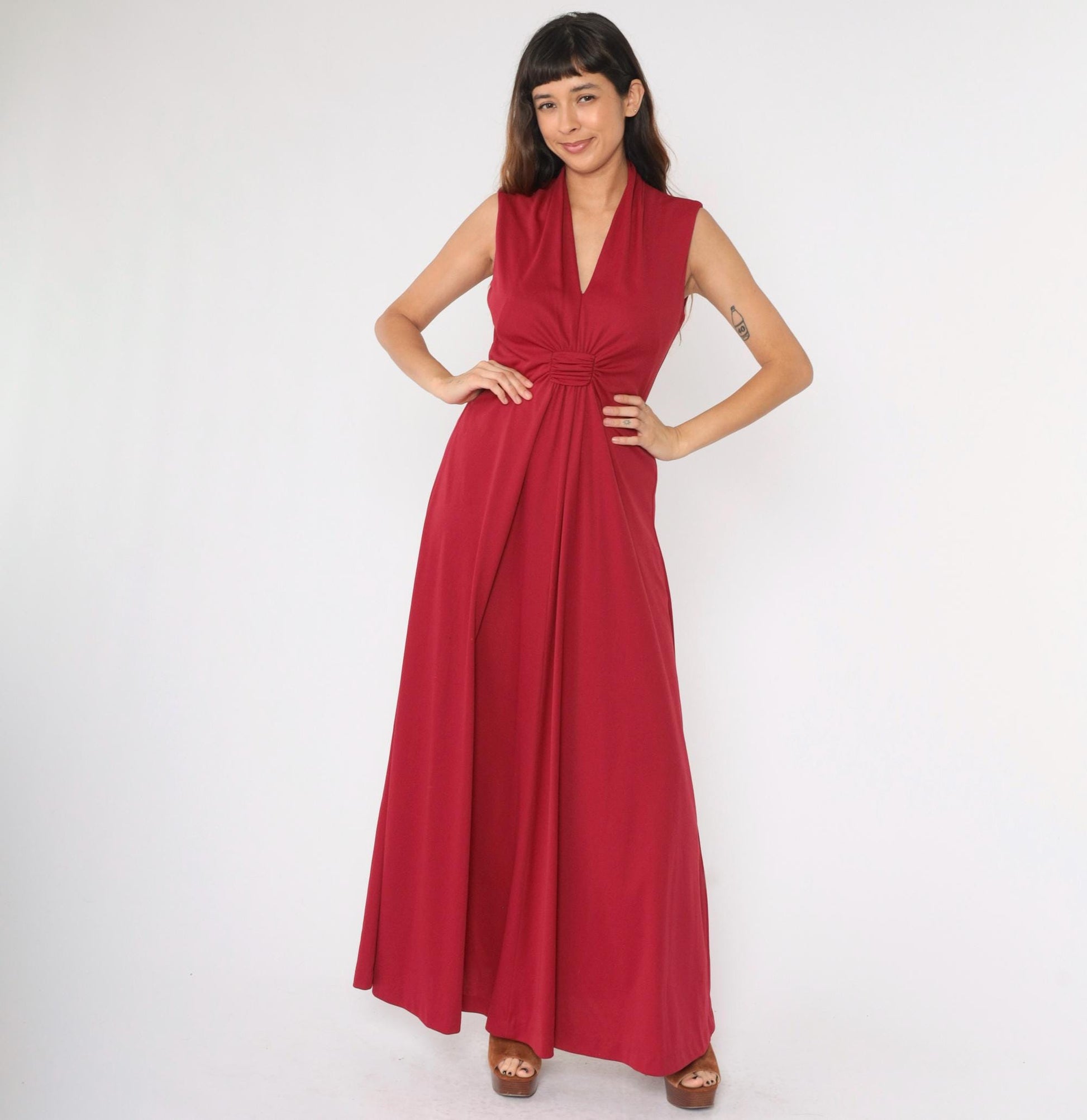 70s Raspberry Red Grecian V-Neck Maxi Dress Sleeveless Medium M