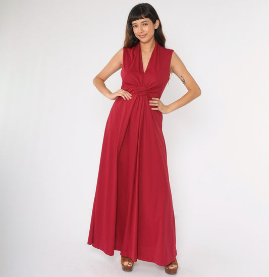 70s Raspberry Red Grecian V-Neck Maxi Dress Sleeveless Medium M
