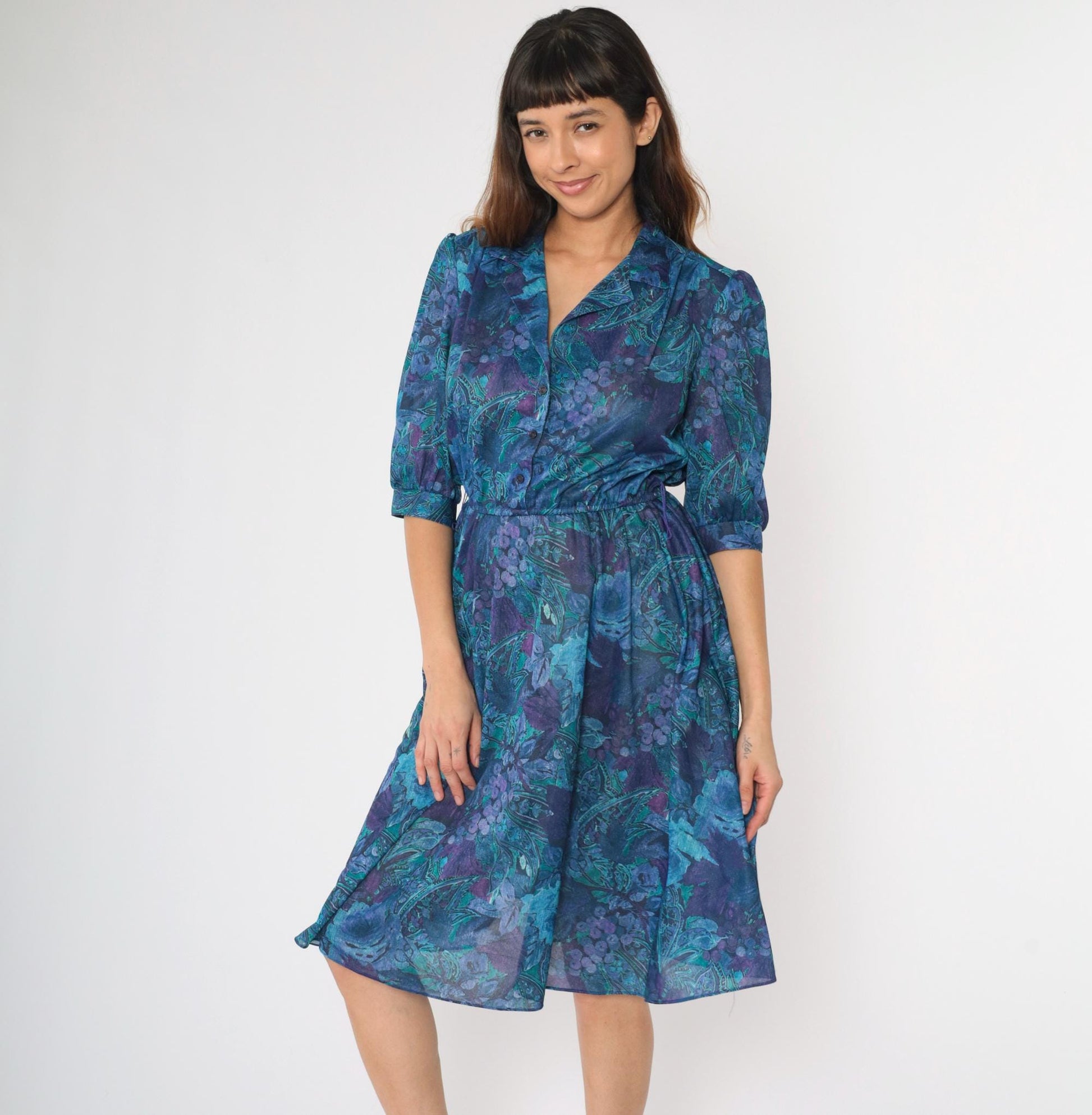 80s Paisley Grape Print Midi Shirtdress Puff Sleeve High Waist Button Up Small Medium