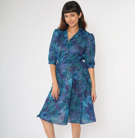 80s Paisley Grape Print Midi Shirtdress Puff Sleeve High Waist Button Up Small Medium