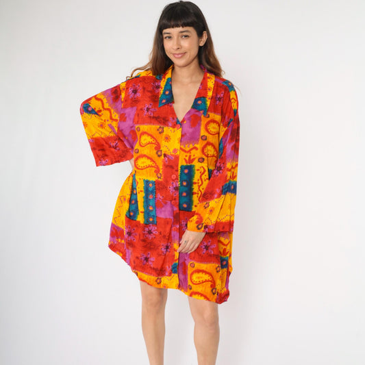 90s C.S.T. Studio Patchwork Paisley Floral Button-Up Tunic Plus Size Red Yellow XXL