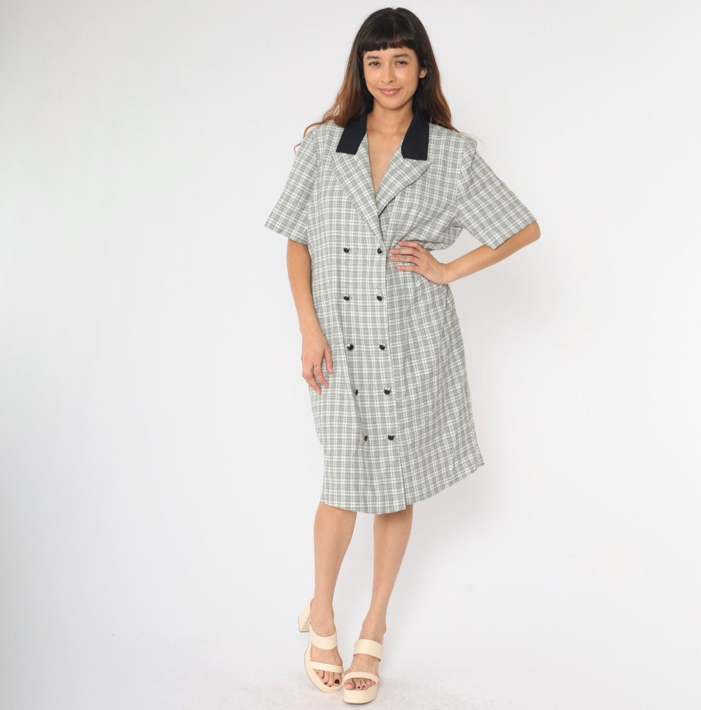90s Black White Checkered Midi Dress Button Up Short Sleeve Extra Large XL
