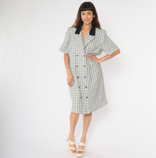 90s Black White Checkered Midi Dress Button Up Short Sleeve Extra Large XL