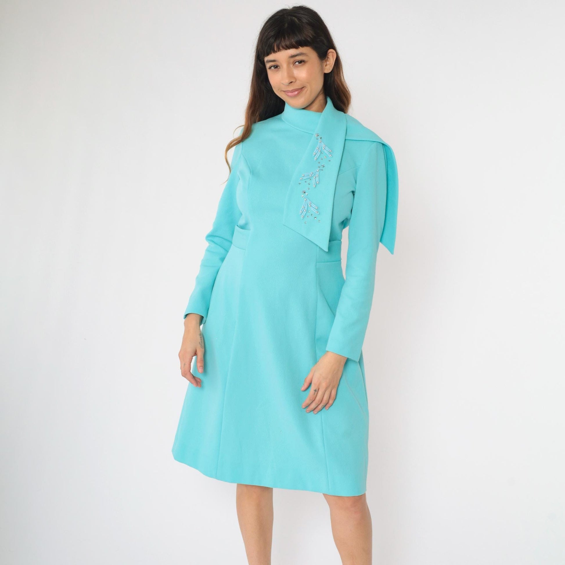 60s Alfred Werber Mod A-Line Dress Aqua Beaded Long Sleeve Midi Medium M