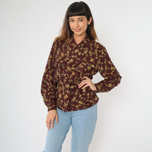90s Jones New York Chalice Print Blouse Burgundy Gold Button Up Medium M