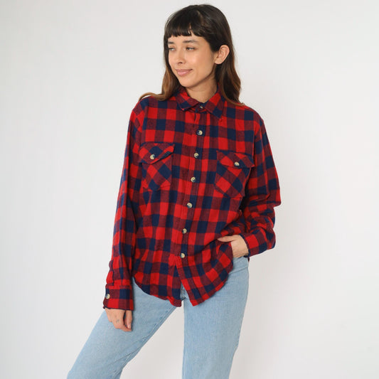 80s Buffalo Plaid Flannel Shirt Navy Red Men's Large Button Up Long Sleeve
