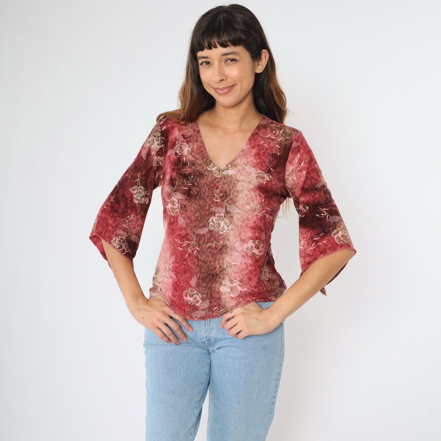 Y2K Bell Sleeve Blouse Floral Metallic Leopard Print Pink Brown Medium M