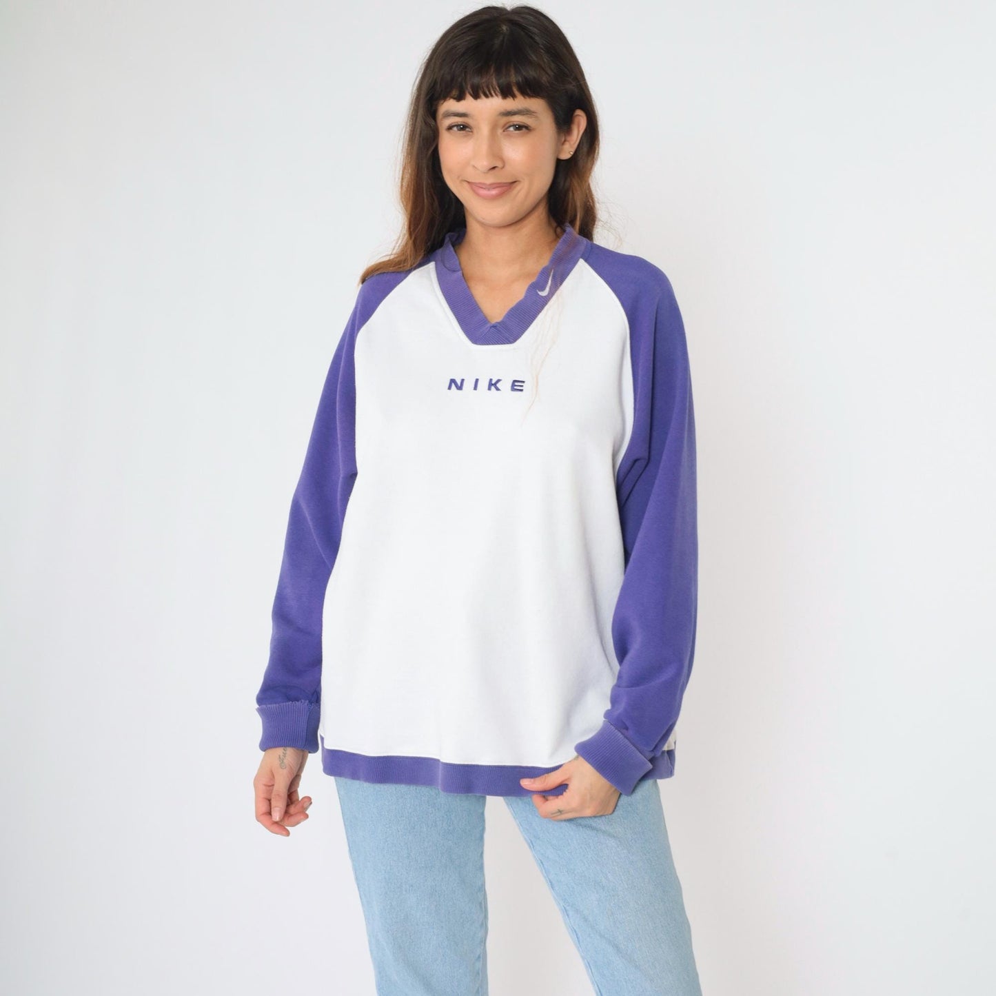 90s Nike V-Neck Sweatshirt Purple White Colour Block Raglan Large