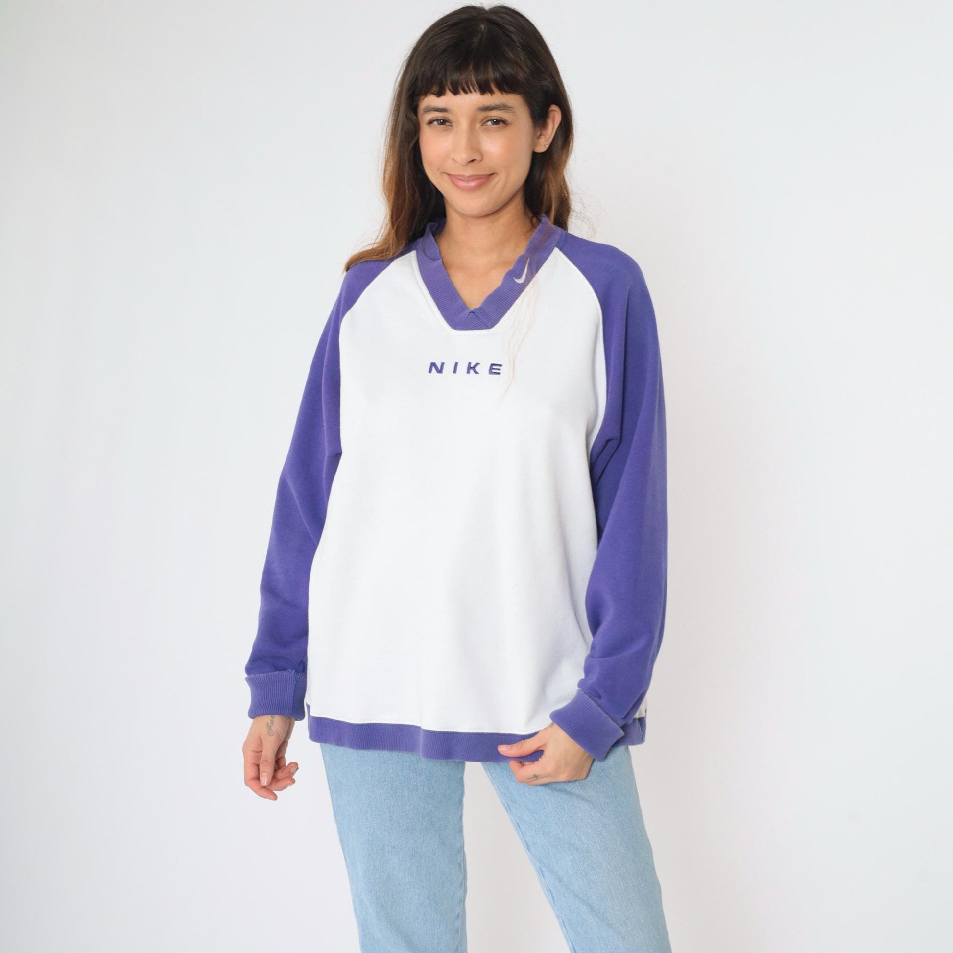 90s Nike V-Neck Sweatshirt Purple White Colour Block Raglan Large