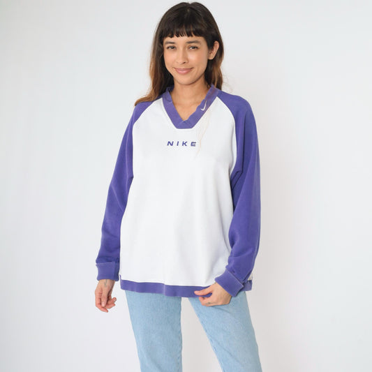90s Nike V-Neck Sweatshirt Purple White Colour Block Raglan Large