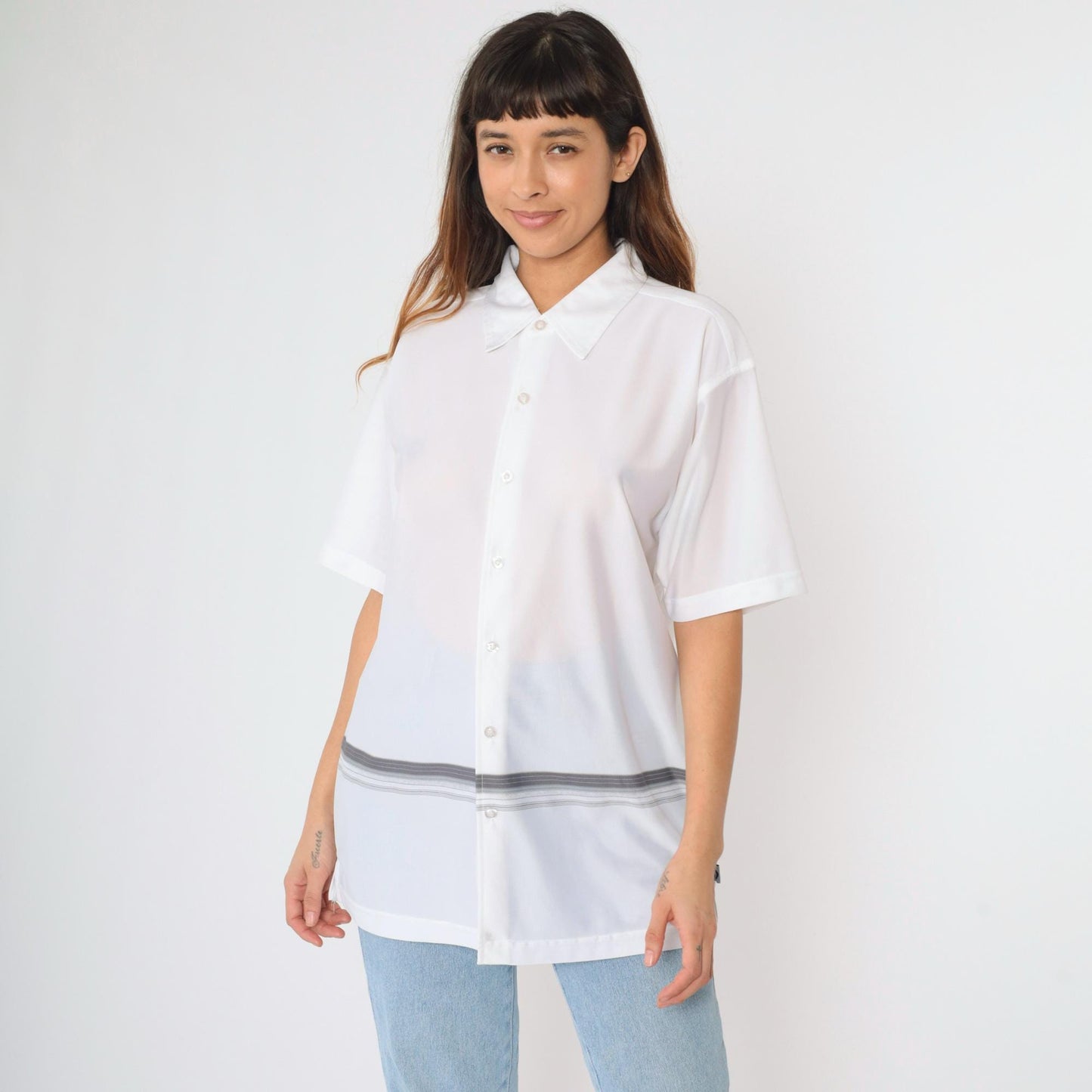00s Striped Button-Up Shirt White Grey Y2K Short Sleeve Large L