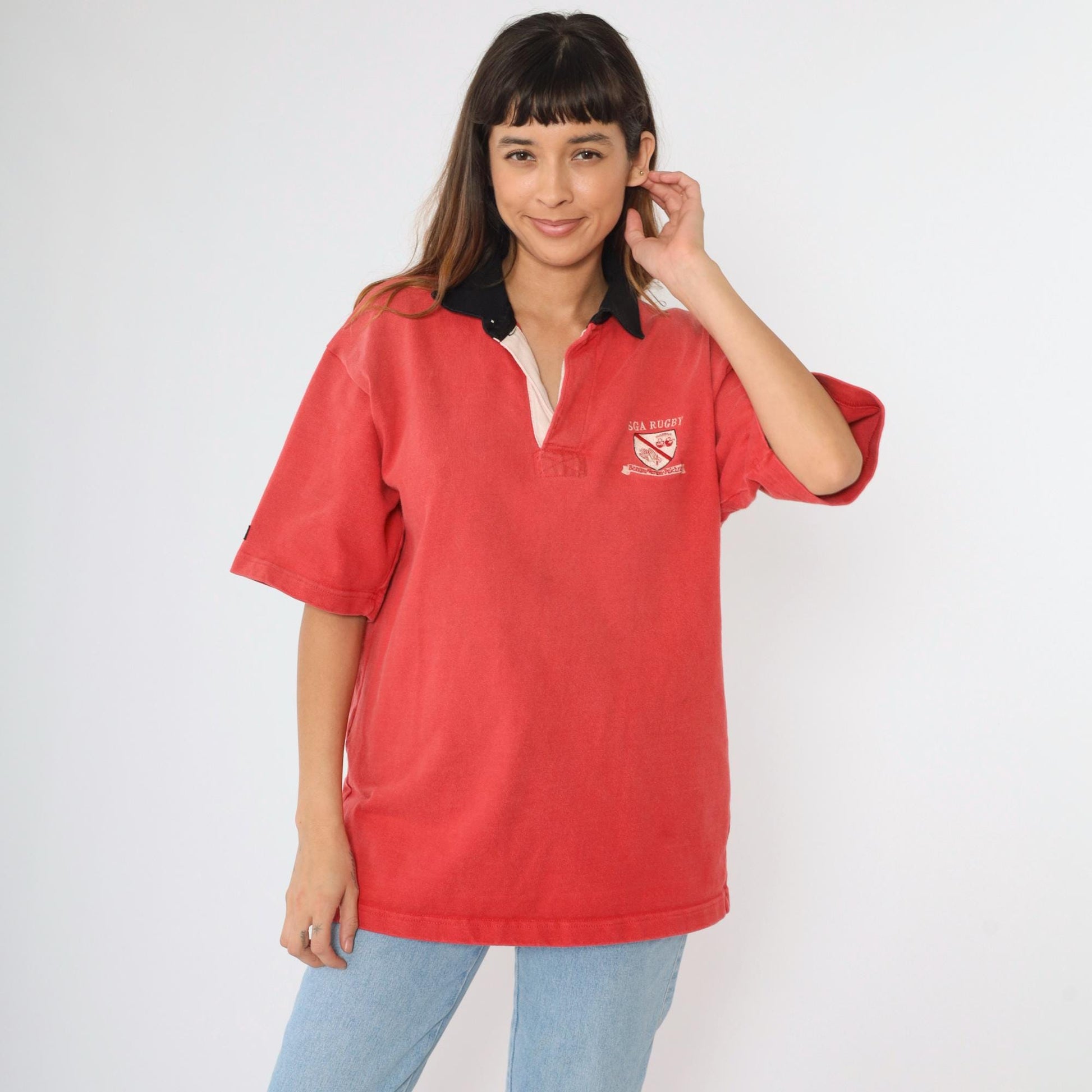 Y2K Barbarian Rugby Shirt SGA Crest Red Cotton Polo Large L
