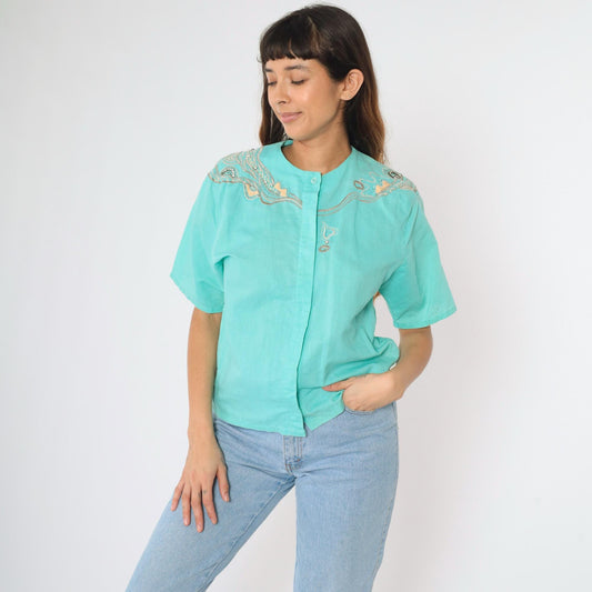 90s Aqua Sequin Rhinestone Embroidered Button Up Blouse Short Sleeve Medium M