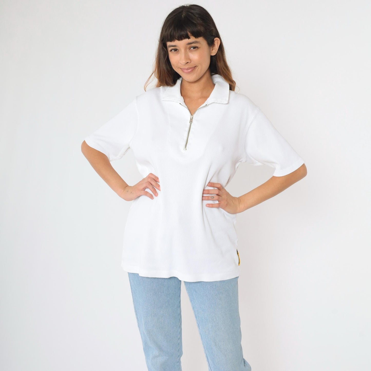Y2K Ralph Lauren Polo Jeans Quarter-Zip Ribbed Shirt White Cotton Large L