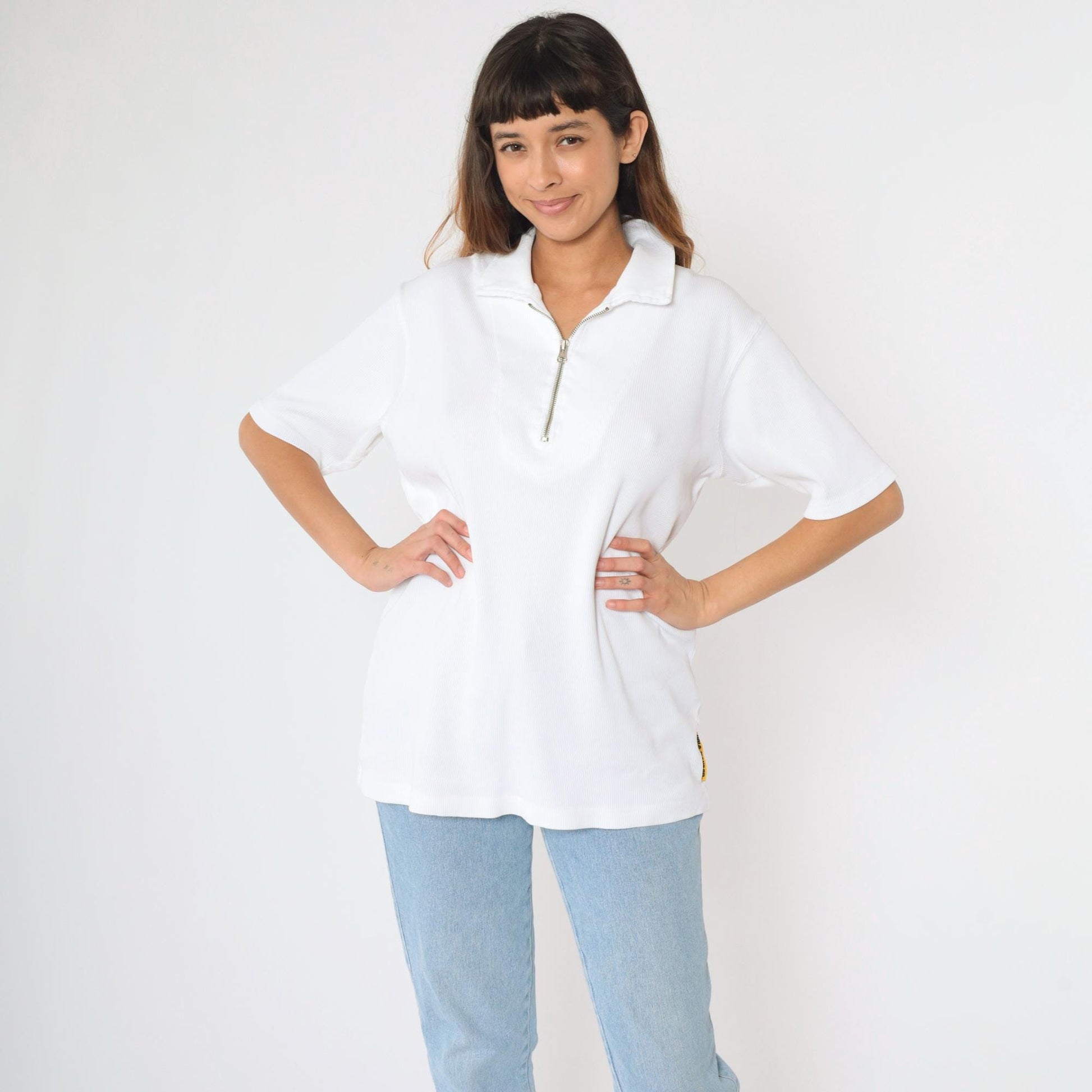 Y2K Ralph Lauren Polo Jeans Quarter-Zip Ribbed Shirt White Cotton Large L