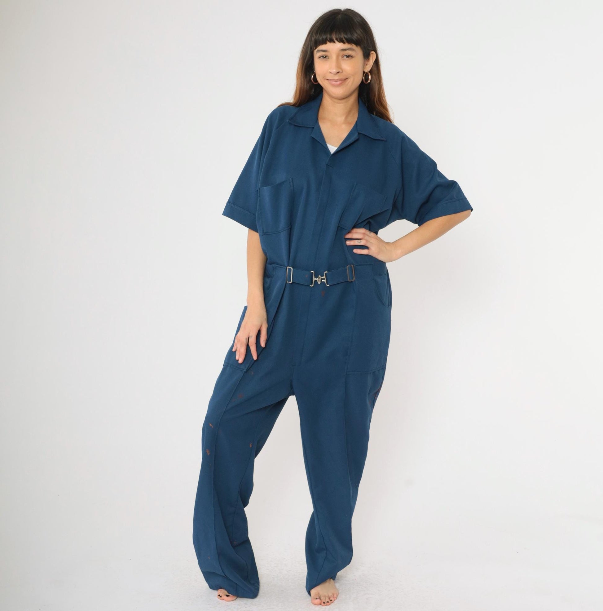 70s Dark Blue Utility Coveralls Straight Leg Zip Boiler Suit Men's Extra Large