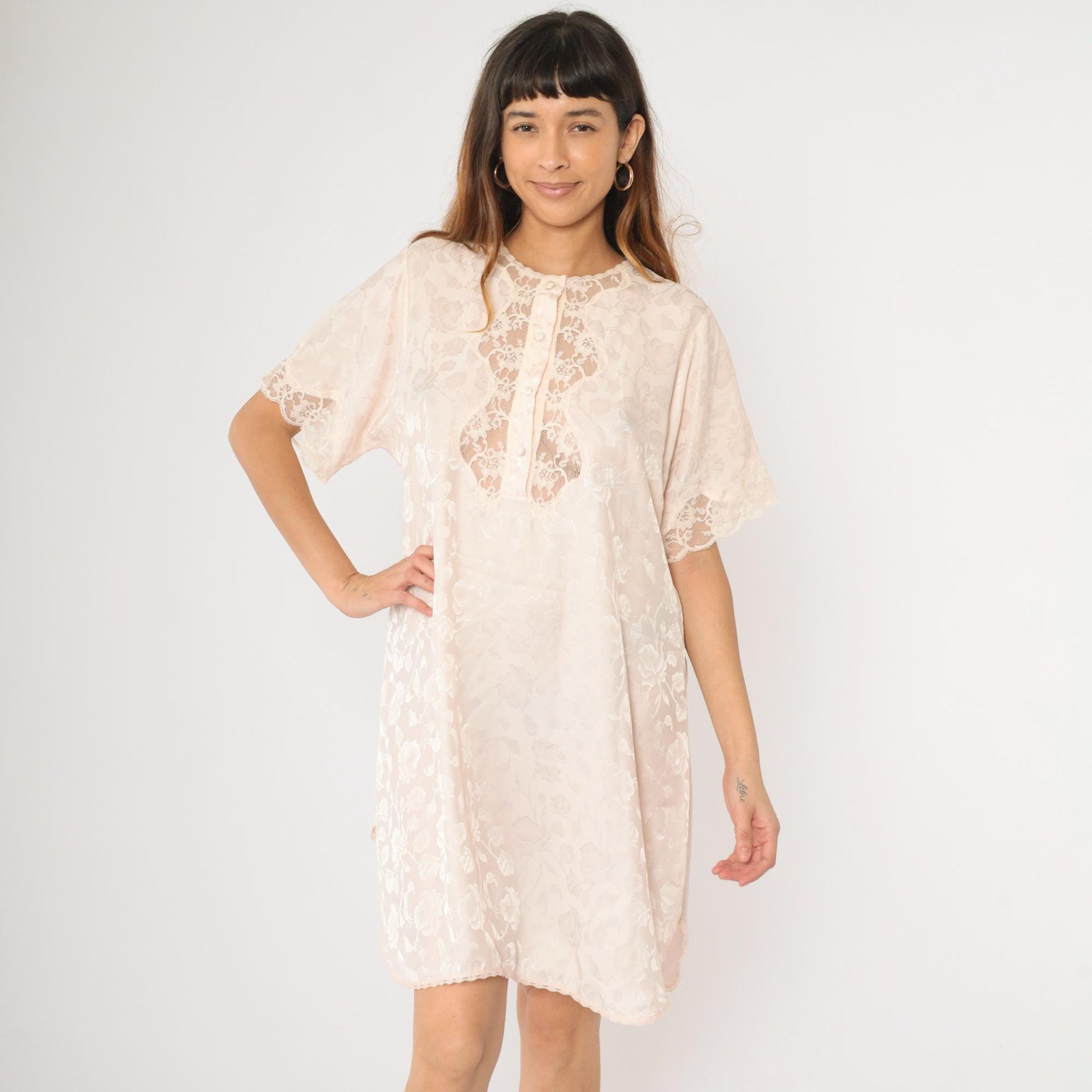 90s Barbizon Baby Pink Floral Embossed Nightgown Lace Trim Mini Large L
