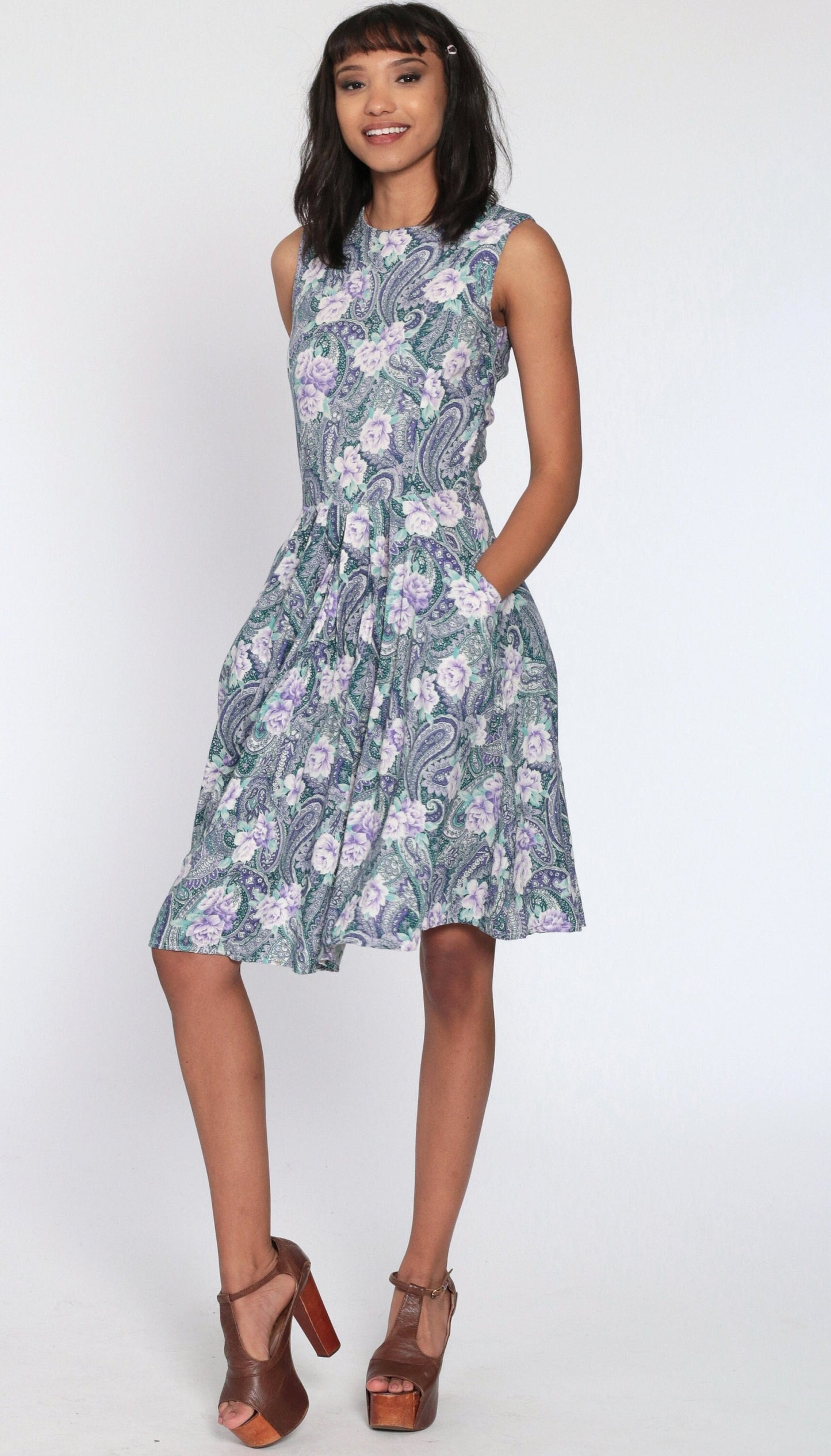 1970s Floral Paisley Button-Back Dress High Waist Midi Pockets Blue Extra Small
