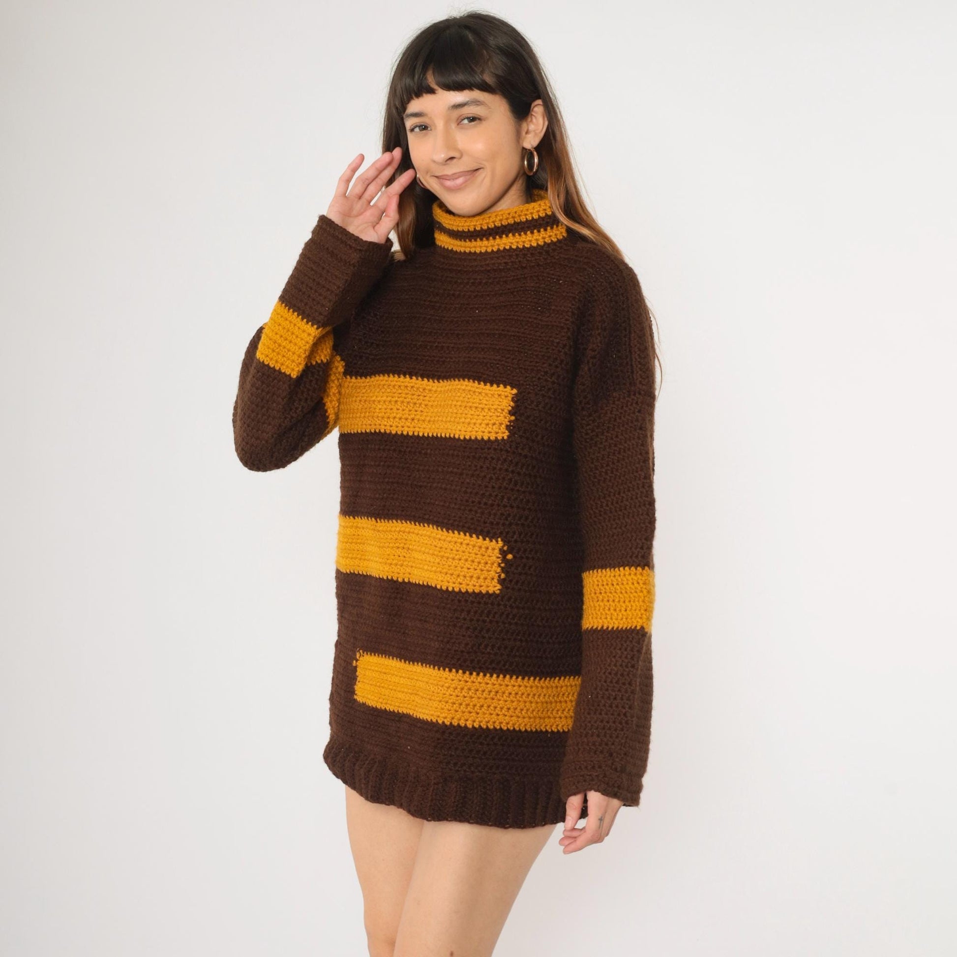70s Striped Crochet Sweater Brown Mustard Mock Neck Pullover Extra Large
