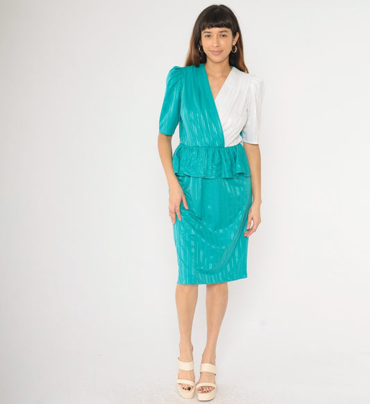 80s Sally Lou Teal Green Striped Peplum Midi Dress Puff Sleeve Small