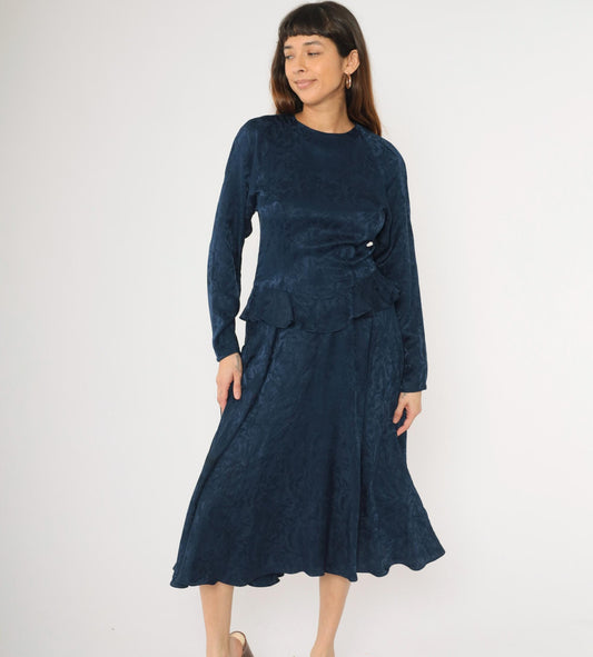 90s Argenti Navy Silk Midi Dress Floral Jacquard Peplum Raglan Medium M