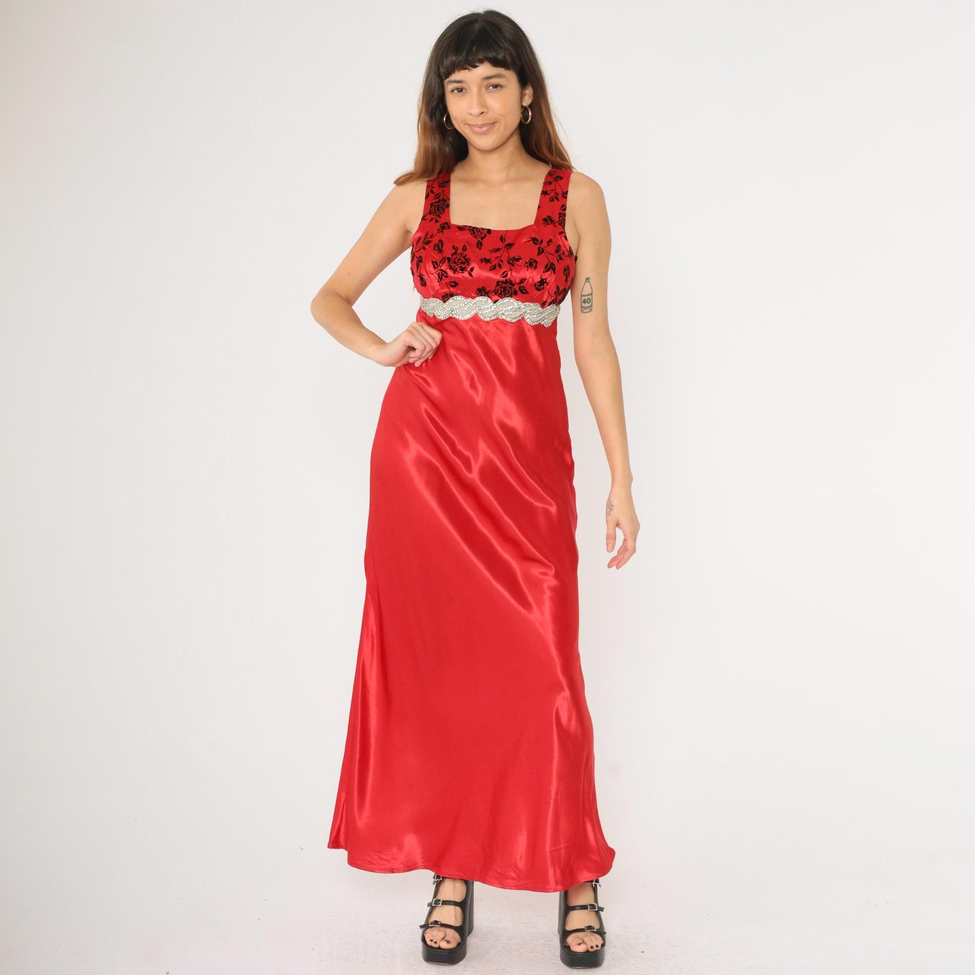 90s Be Smart Red Satin Maxi Gown Flocked Velvet Floral Beaded Empire Waist Small
