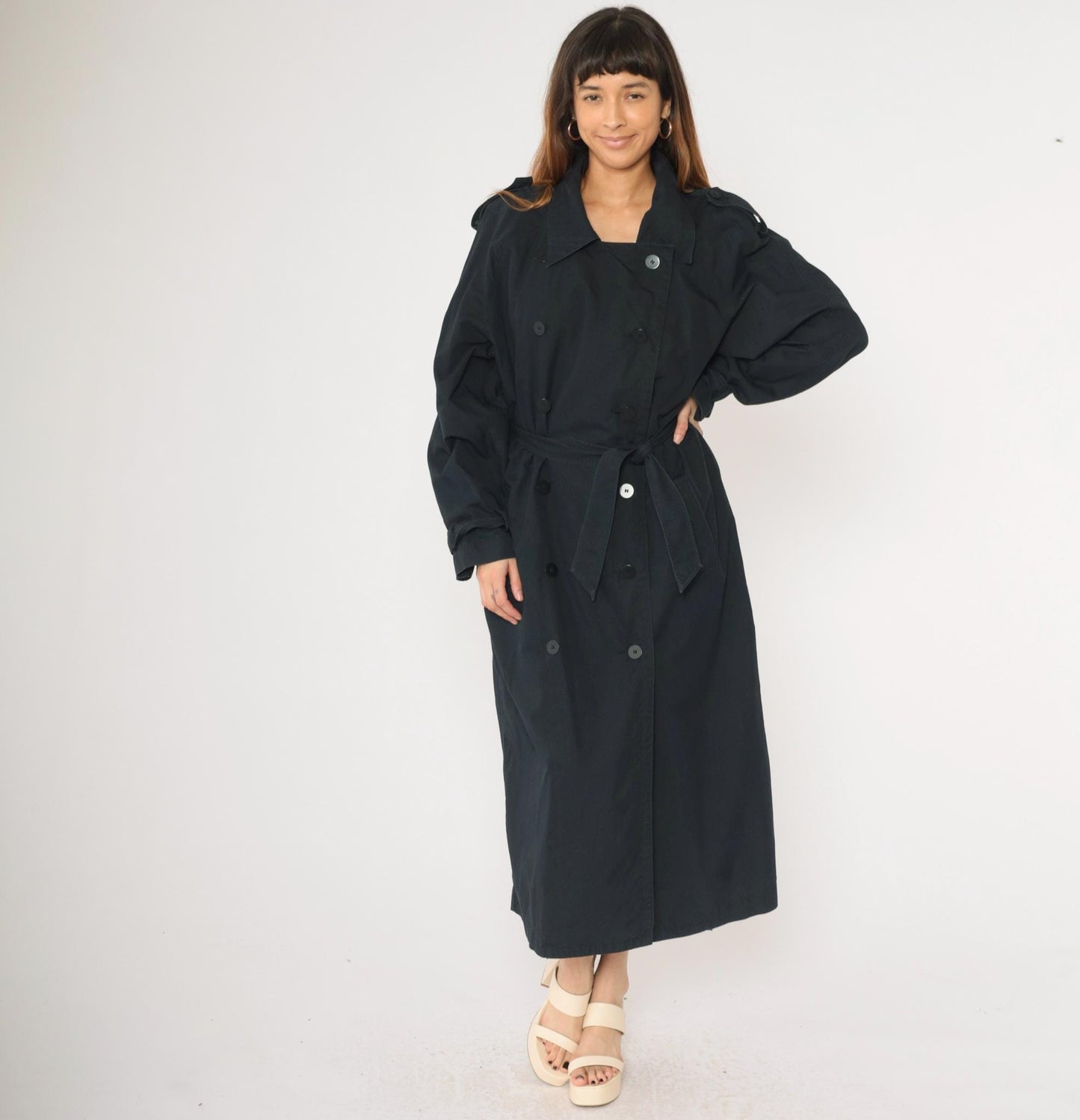 90s Liz Claiborne Black Trench Coat Double Breasted Belted Maxi Large L