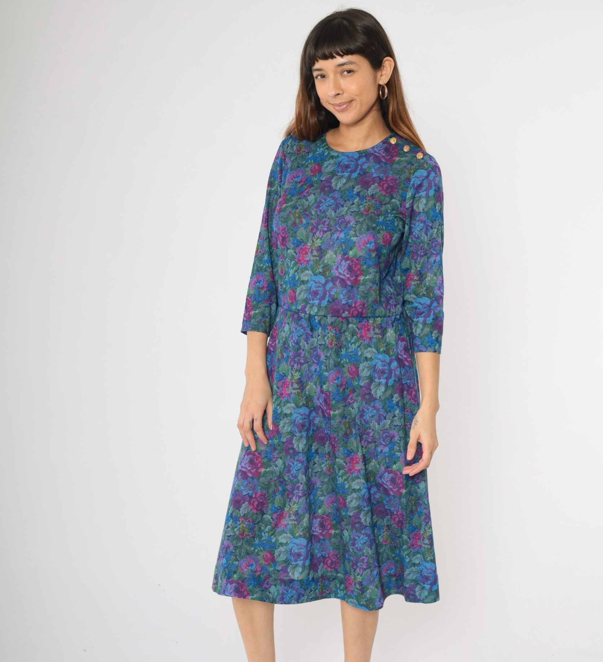 80s Floral Rose Print Midi Dress Long Sleeve Low Waist Blue Purple Green Medium