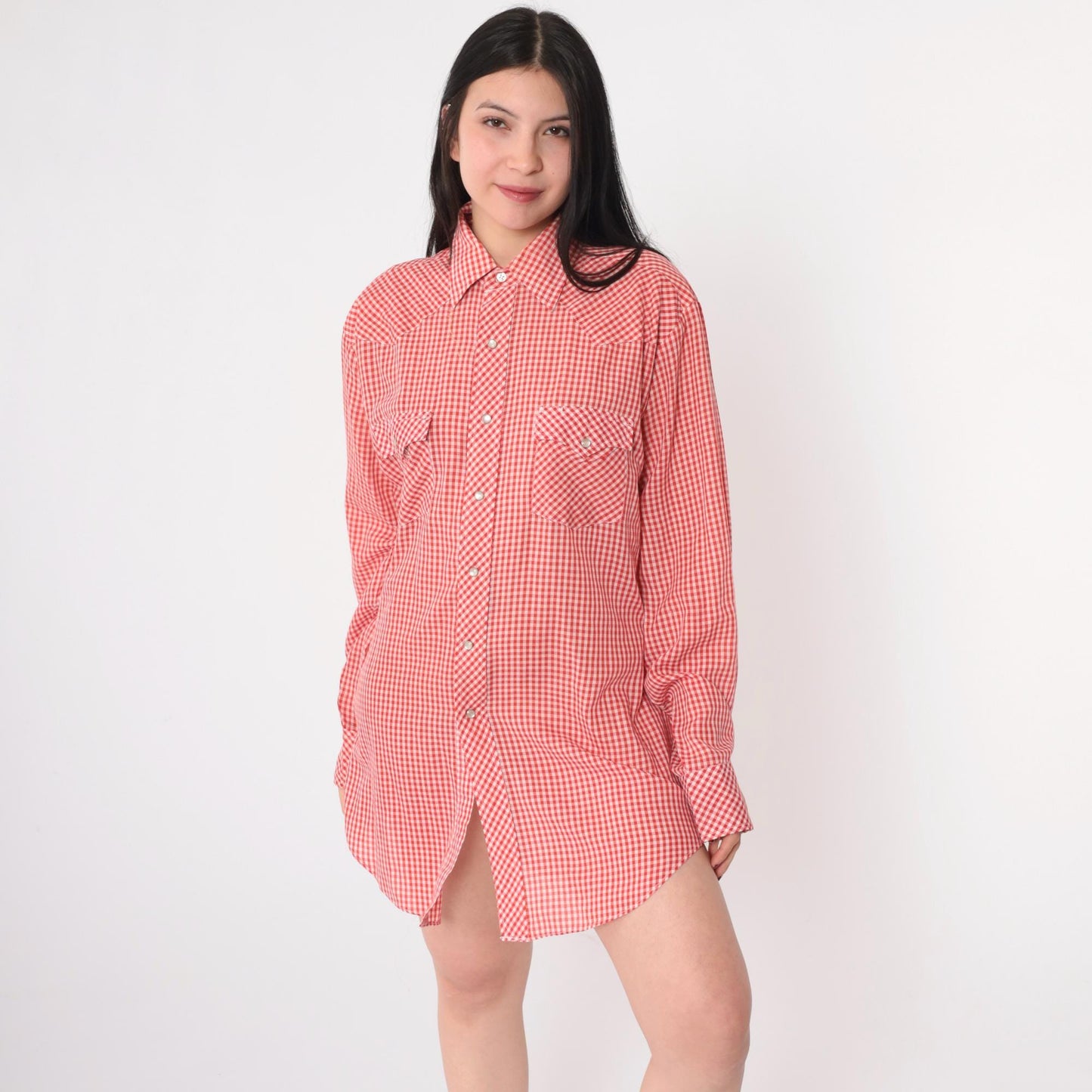70s Sheplers Western Shirt Red White Gingham Pearl Snap Plaid Large L
