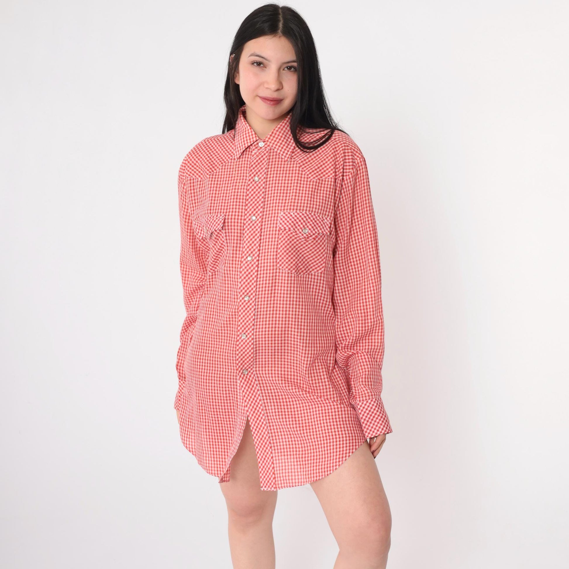 70s Sheplers Western Shirt Red White Gingham Pearl Snap Plaid Large L